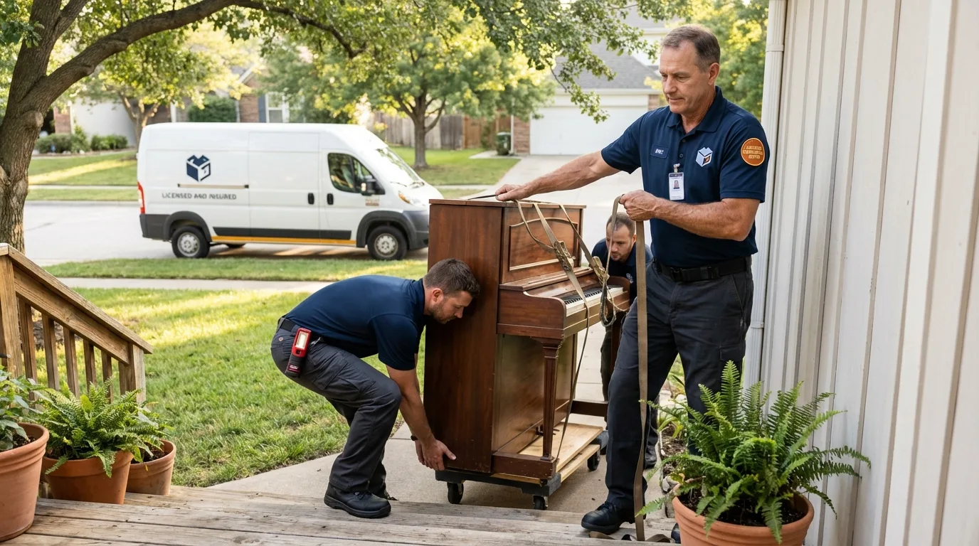 Licensed piano movers securing grand piano in Greensburg, PA