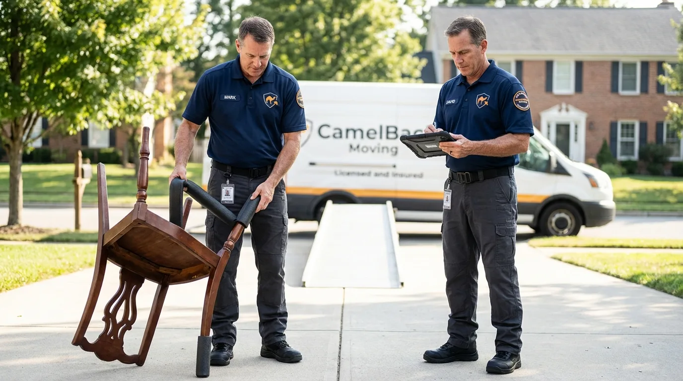 Movers inspecting furniture for damage prevention before loading in Greensburg, PA