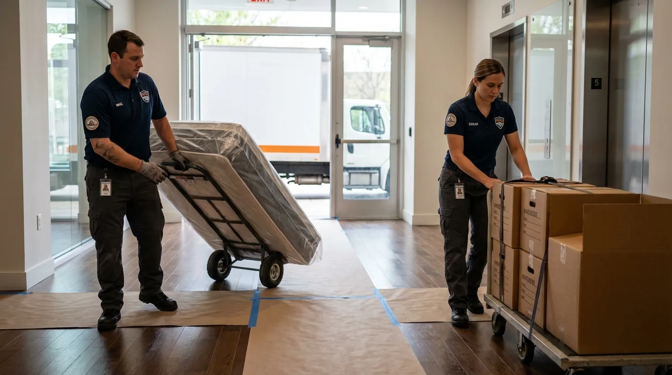 Professional apartment movers loading elevator in Greensburg, PA