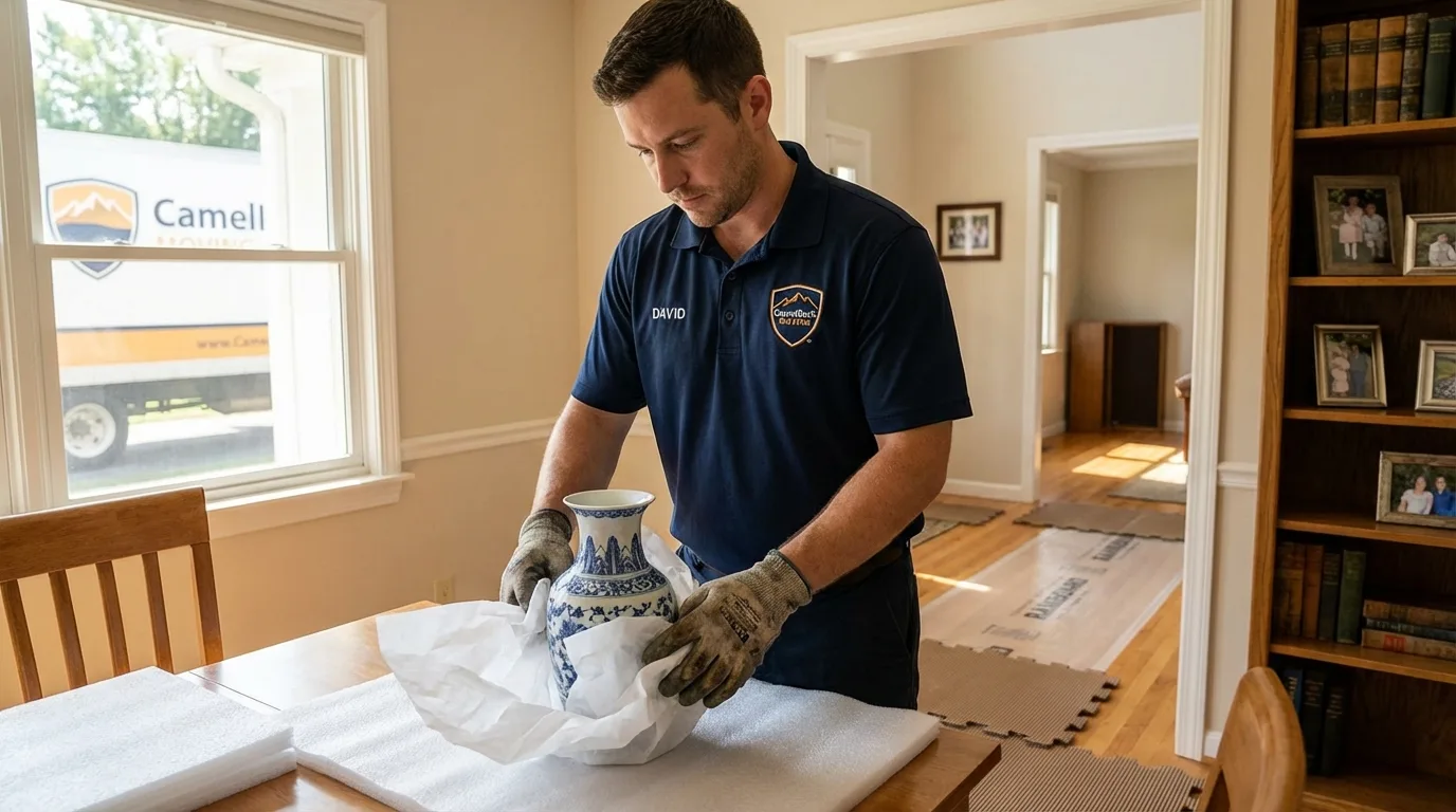 Professional crew carefully wrapping antique vase for senior downsizing move in Greensburg, PA